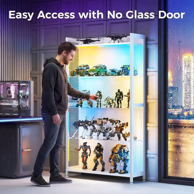 Alt view image 4 of 7 - AODK Display Case with LED Lights, Display Cabinet with Glass Storage Shelves, 4-Tier Curio Cabinet for Collectibles with Open Shelf, White Book Shelf