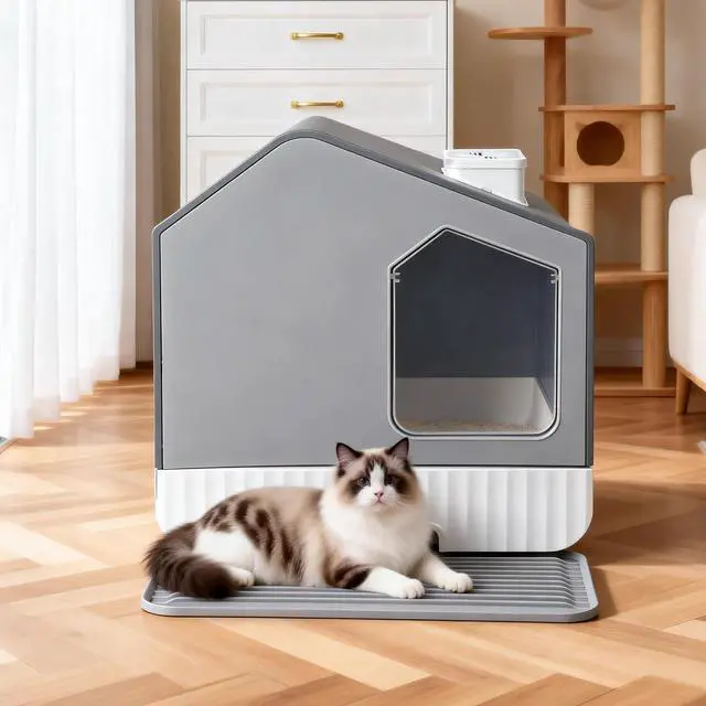 Alt view image 7 of 7 - Extra Large Enclosed Cat Litter Box with Mat and Litter Scoop, Odorless Toilet Anti-Splashing Kitty Litter Pan Covered Hooded Cat Box