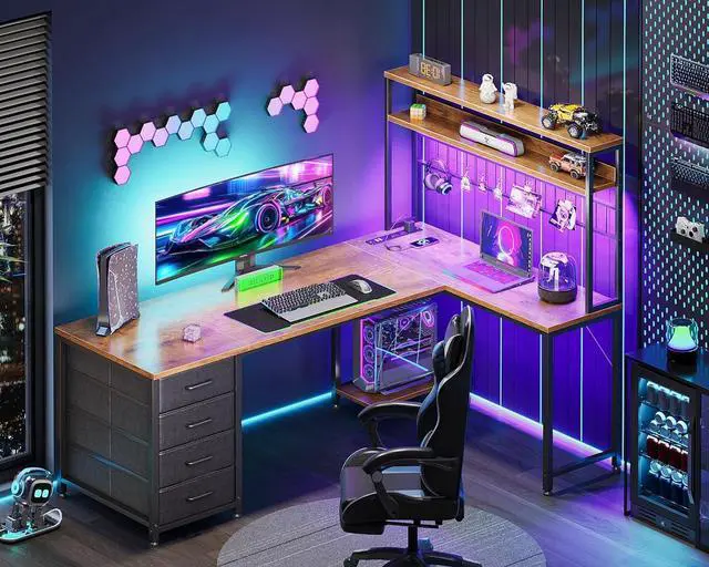 Alt view image 2 of 7 - AODK L Shaped Desk Gaming Desk with LED Light & Power Outlet, 59 Inch Reversible L Shaped Computer Table with 4 Drawers for Home Office, Vintage