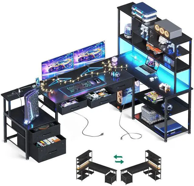 Main image of AODK 79 inch L Shaped Desk with 5 Drawers, Reversible L Shaped Gaming Desk with LED Light & 2 Power Outlets, Computer Desk with Storage Shelves for Home Office, Black