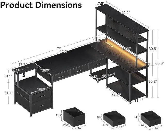 Alt view image 2 of 7 - AODK 79 inch L Shaped Desk with 5 Drawers, Reversible L Shaped Gaming Desk with LED Light & 2 Power Outlets, Computer Desk with Storage Shelves for Home Office, Black