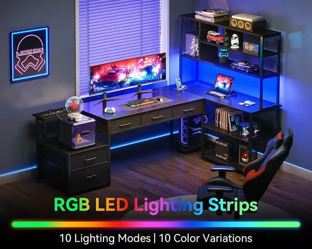 Alt view image 3 of 7 - AODK 79 inch L Shaped Desk with 5 Drawers, Reversible L Shaped Gaming Desk with LED Light & 2 Power Outlets, Computer Desk with Storage Shelves for Home Office, Black