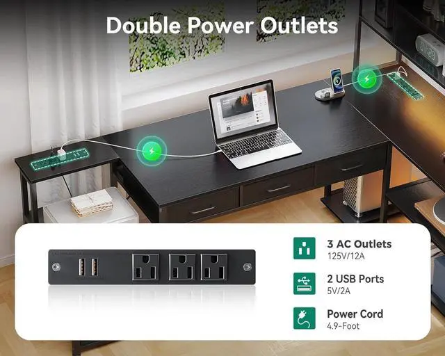 Alt view image 6 of 7 - AODK 79 inch L Shaped Desk with 5 Drawers, Reversible L Shaped Gaming Desk with LED Light & 2 Power Outlets, Computer Desk with Storage Shelves for Home Office, Black