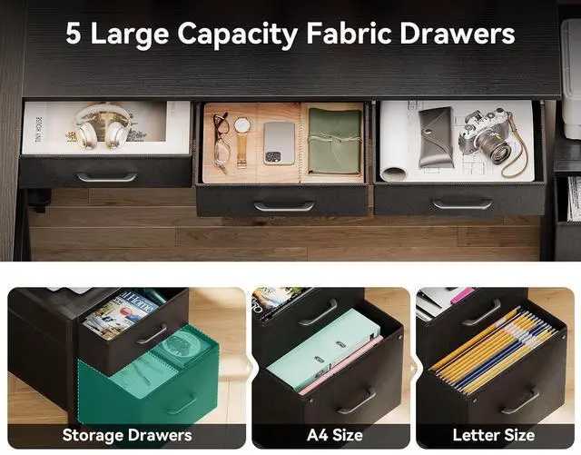 Alt view image 4 of 7 - AODK 79 inch L Shaped Desk with 5 Drawers, Reversible L Shaped Gaming Desk with LED Light & 2 Power Outlets, Computer Desk with Storage Shelves for Home Office, Black