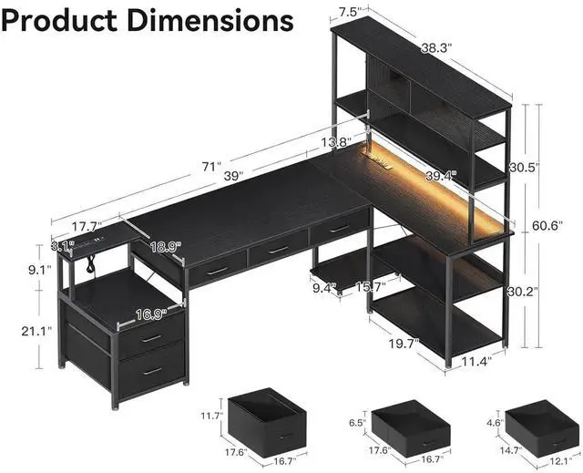 Alt view image 2 of 7 - AODK 71 inch L Shaped Desk with 5 Drawers, Reversible L Shaped Gaming Desk with LED Light & 2 Power Outlets, Computer Desk with Storage Shelves for Home Office, Black