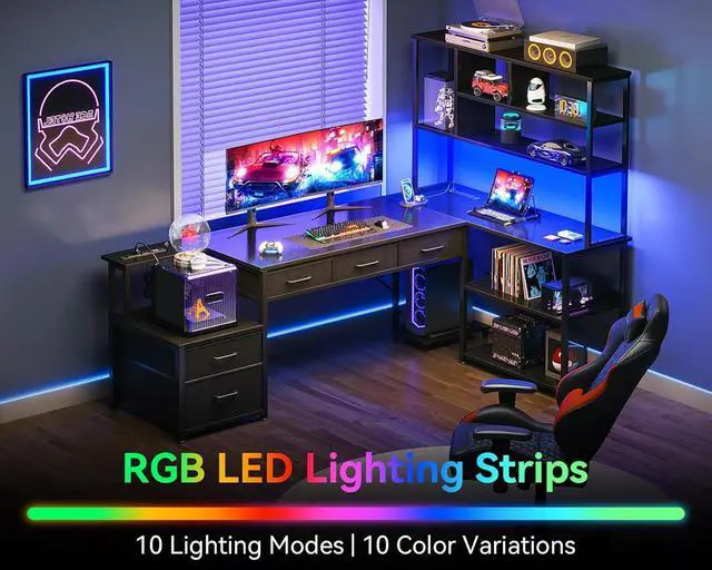Alt view image 3 of 7 - AODK 71 inch L Shaped Desk with 5 Drawers, Reversible L Shaped Gaming Desk with LED Light & 2 Power Outlets, Computer Desk with Storage Shelves for Home Office, Black