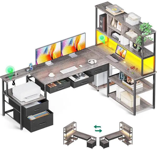 Main image of AODK 79 inch L Shaped Desk with 5 Drawers, Reversible L Shaped Gaming Desk with LED Light & 2 Power Outlets, Computer Desk with Storage Shelves for Home Office, Grey Oak