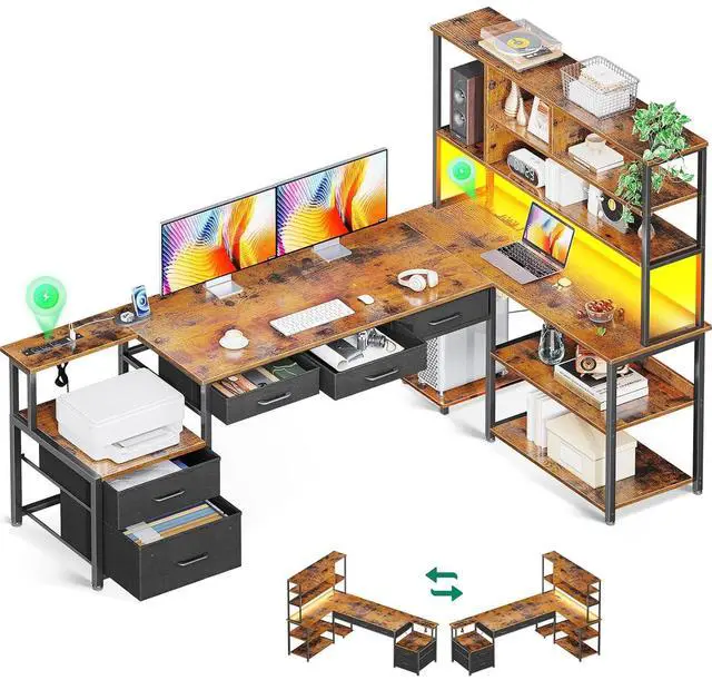 Main image of AODK 79 inch L Shaped Desk with 5 Drawers, Reversible L Shaped Gaming Desk with LED Light & 2 Power Outlets, Computer Desk with Storage Shelves for Home Office, Vintage