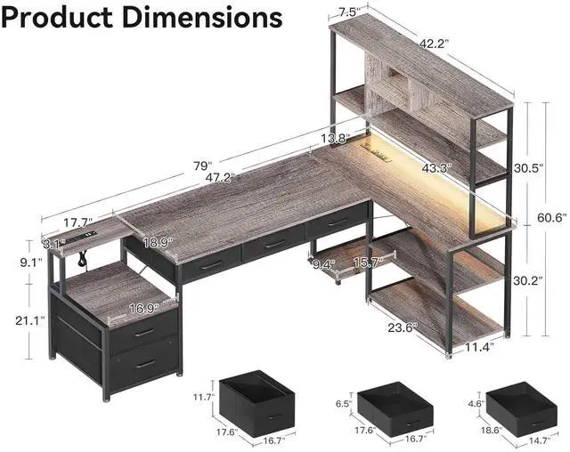 Alt view image 2 of 7 - AODK 79 inch L Shaped Desk with 5 Drawers, Reversible L Shaped Gaming Desk with LED Light & 2 Power Outlets, Computer Desk with Storage Shelves for Home Office, Grey Oak
