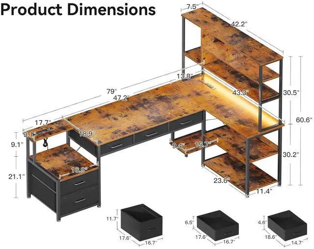Alt view image 2 of 7 - AODK 79 inch L Shaped Desk with 5 Drawers, Reversible L Shaped Gaming Desk with LED Light & 2 Power Outlets, Computer Desk with Storage Shelves for Home Office, Vintage
