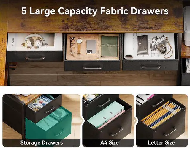 Alt view image 4 of 7 - AODK 79 inch L Shaped Desk with 5 Drawers, Reversible L Shaped Gaming Desk with LED Light & 2 Power Outlets, Computer Desk with Storage Shelves for Home Office, Vintage