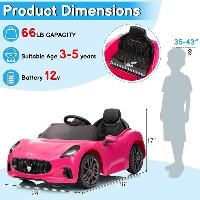 Alt view image 5 of 6 - Winado 12V Ride on Car, Licensed Maserati Electric Car for Toddlers W/Remote Control, Battery Car for Kids with Bluetooth, 3 Speeds, LED & Rear Lights, Music & Horn (Pink)