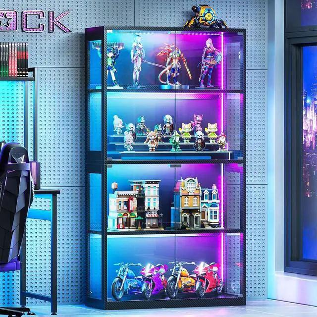 Main image of AODK Glass Display Cabinet with Glass Doors, 4-Tier Display Case with RGB Lights, Glass Cabinet Shelf for Collectibles and Storage, Black Curio Cabinet for Gaming Room