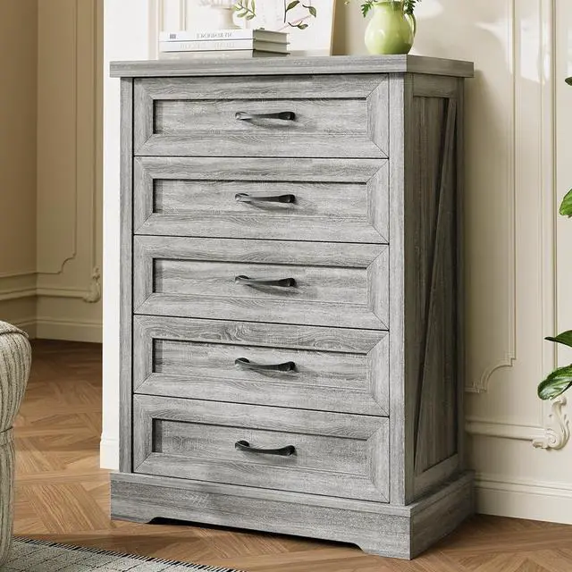 Main image of AODK Farmhouse 5 Drawer Dresser for Bedroom, 47" Tall Engineered Wooden Chest of Drawers with Metal Handle, Modern Storage Cabinet and Organizers for Closet, Living Room, Entryway, Gray