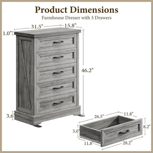 Alt view image 2 of 7 - AODK Farmhouse 5 Drawer Dresser for Bedroom, 47" Tall Engineered Wooden Chest of Drawers with Metal Handle, Modern Storage Cabinet and Organizers for Closet, Living Room, Entryway, Gray