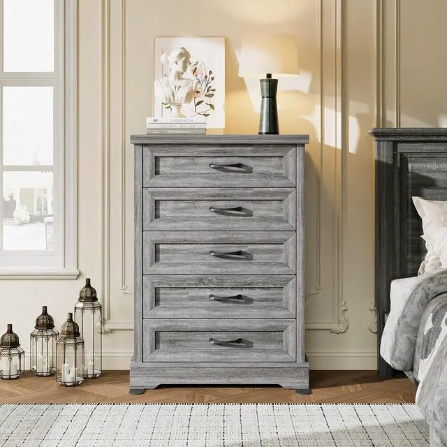 Alt view image 3 of 7 - AODK Farmhouse 5 Drawer Dresser for Bedroom, 47" Tall Engineered Wooden Chest of Drawers with Metal Handle, Modern Storage Cabinet and Organizers for Closet, Living Room, Entryway, Gray