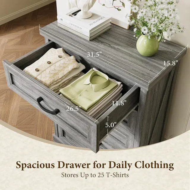 Alt view image 4 of 7 - AODK Farmhouse 5 Drawer Dresser for Bedroom, 47" Tall Engineered Wooden Chest of Drawers with Metal Handle, Modern Storage Cabinet and Organizers for Closet, Living Room, Entryway, Gray