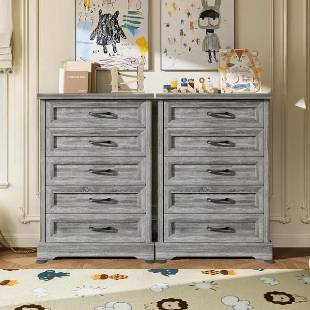 Alt view image 5 of 7 - AODK Farmhouse 5 Drawer Dresser for Bedroom, 47" Tall Engineered Wooden Chest of Drawers with Metal Handle, Modern Storage Cabinet and Organizers for Closet, Living Room, Entryway, Gray