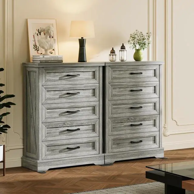Alt view image 7 of 7 - AODK Farmhouse 5 Drawer Dresser for Bedroom, 47" Tall Engineered Wooden Chest of Drawers with Metal Handle, Modern Storage Cabinet and Organizers for Closet, Living Room, Entryway, Gray