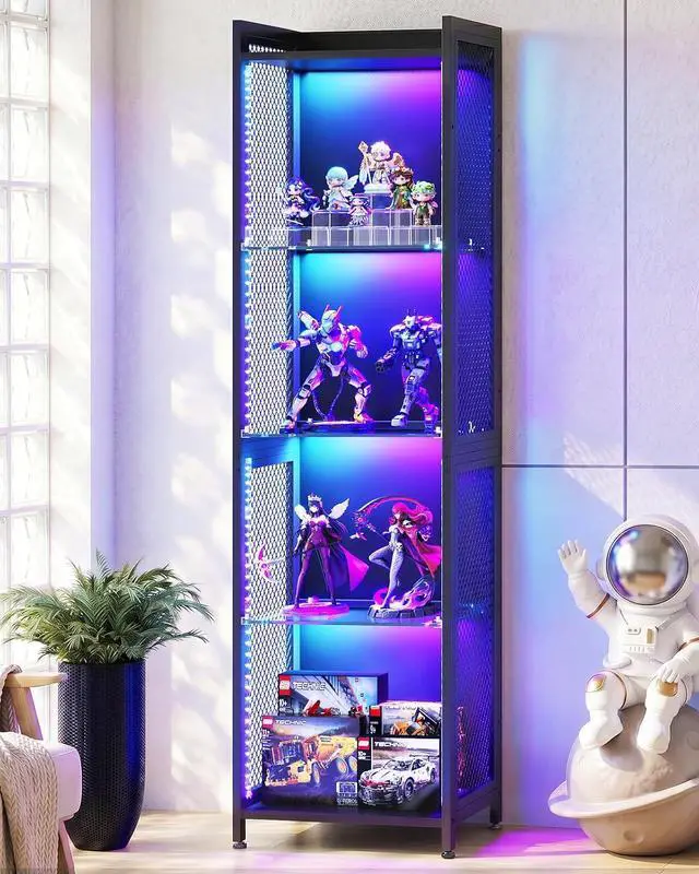 Main image of AODK Display Case with LED Lights, Display Cabinet with Open Glass Shelves for Small Space, 4-Tier Corner Display Shelf with Industrial Mesh, Curio Cabinet for Collectibles, Bookcase