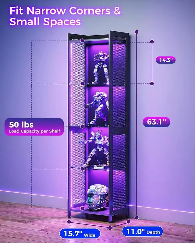 Alt view image 2 of 7 - AODK Display Case with LED Lights, Display Cabinet with Open Glass Shelves for Small Space, 4-Tier Corner Display Shelf with Industrial Mesh, Curio Cabinet for Collectibles, Bookcase