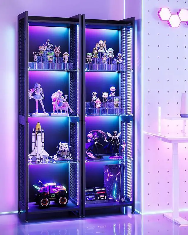 Alt view image 4 of 7 - AODK Display Case with LED Lights, Display Cabinet with Open Glass Shelves for Small Space, 4-Tier Corner Display Shelf with Industrial Mesh, Curio Cabinet for Collectibles, Bookcase