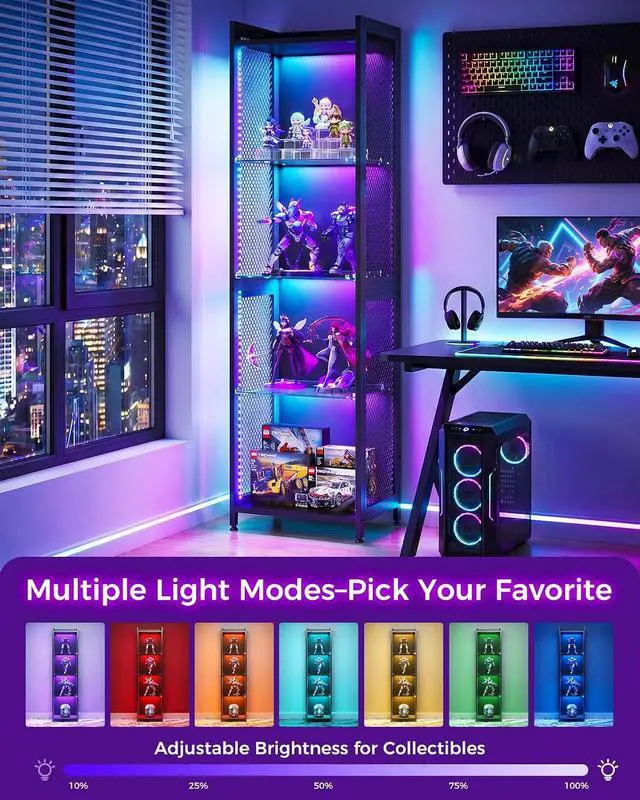 Alt view image 5 of 7 - AODK Display Case with LED Lights, Display Cabinet with Open Glass Shelves for Small Space, 4-Tier Corner Display Shelf with Industrial Mesh, Curio Cabinet for Collectibles, Bookcase