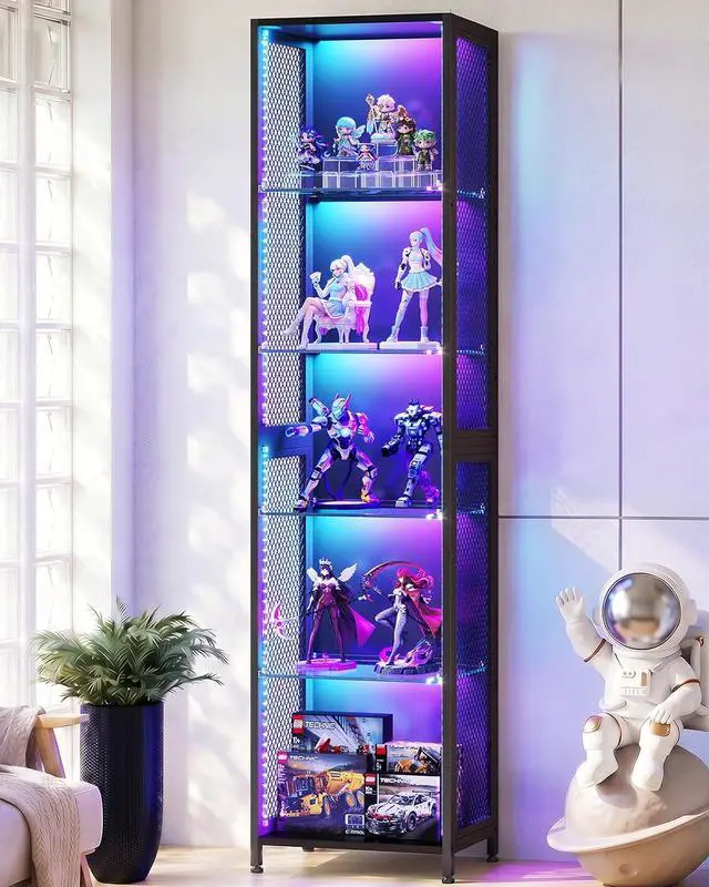 Main image of AODK 72" Tall Display Case with LED Lights, Corner Display Cabinet with Open Glass Shelves, 5-Tier Display Shelf with Industrial Mesh Sides, Curio Cabinet Shelf for Collectibles