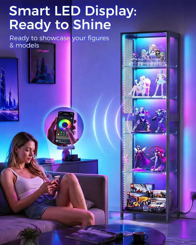 Alt view image 2 of 7 - AODK 72" Tall Display Case with LED Lights, Corner Display Cabinet with Open Glass Shelves, 5-Tier Display Shelf with Industrial Mesh Sides, Curio Cabinet Shelf for Collectibles