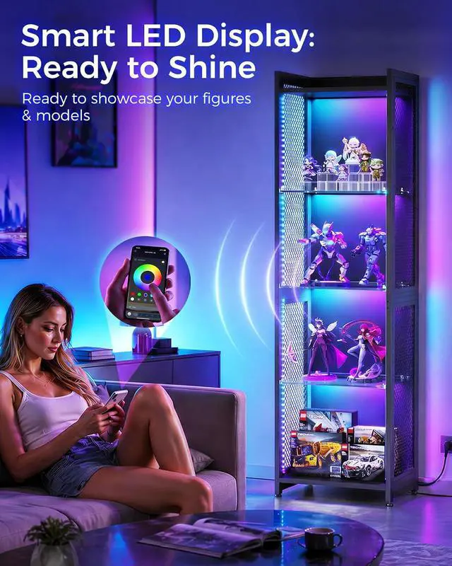 Alt view image 3 of 7 - AODK Display Case with LED Lights, Display Cabinet with Open Glass Shelves for Small Space, 4-Tier Corner Display Shelf with Industrial Mesh, Curio Cabinet for Collectibles, Bookcase