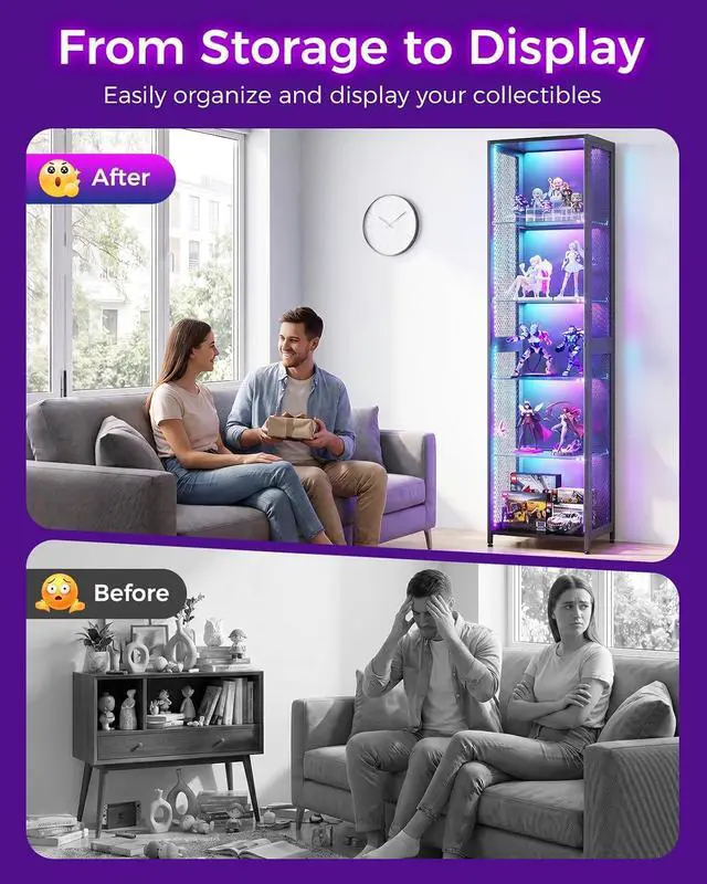 Alt view image 7 of 7 - AODK 72" Tall Display Case with LED Lights, Corner Display Cabinet with Open Glass Shelves, 5-Tier Display Shelf with Industrial Mesh Sides, Curio Cabinet Shelf for Collectibles