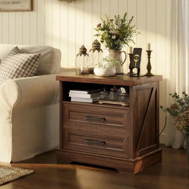 Alt view image 3 of 7 - AODK 24 Inch Farmhouse Nightstand with Charging Station, Wood Bedside Table with 2 Drawers, Rustic Wood End Table with Outlet and USB for Bedroom, Dark Walnut