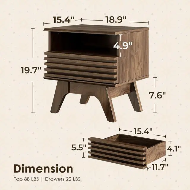 Alt view image 2 of 7 - AODK 18.9" Wide Fluted Nightstand Set of 2, End Table with Drawer and Open Shelf, Mid Century Modern Side Tables with Legs, Bedside Tables for Bedroom, Dark Walnut