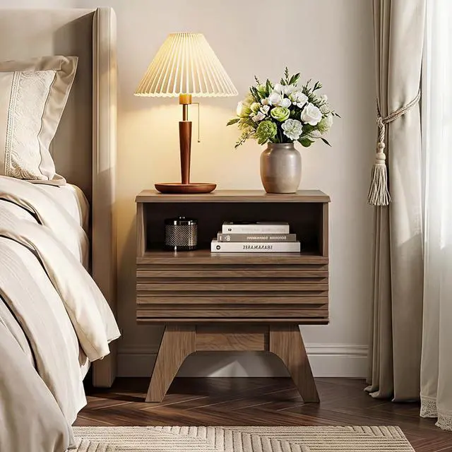 Alt view image 3 of 7 - AODK 18.9" Wide Fluted Nightstand Set of 2, End Table with Drawer and Open Shelf, Mid Century Modern Side Tables with Legs, Bedside Tables for Bedroom, Dark Walnut