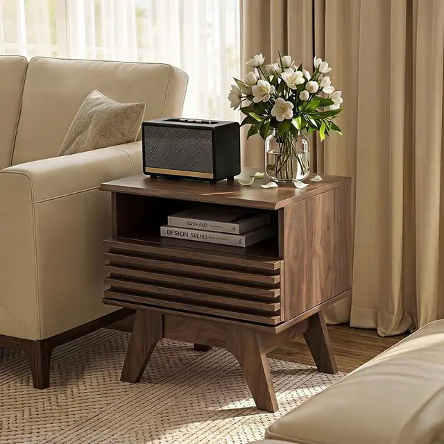 Alt view image 7 of 7 - AODK 18.9" Wide Fluted Nightstand Set of 2, End Table with Drawer and Open Shelf, Mid Century Modern Side Tables with Legs, Bedside Tables for Bedroom, Dark Walnut
