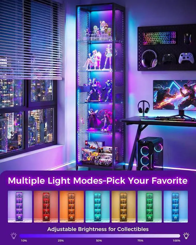 Alt view image 6 of 7 - AODK 72" Tall Display Case with LED Lights, Corner Display Cabinet with Open Glass Shelves, 5-Tier Display Shelf with Industrial Mesh Sides, Curio Cabinet Shelf for Collectibles