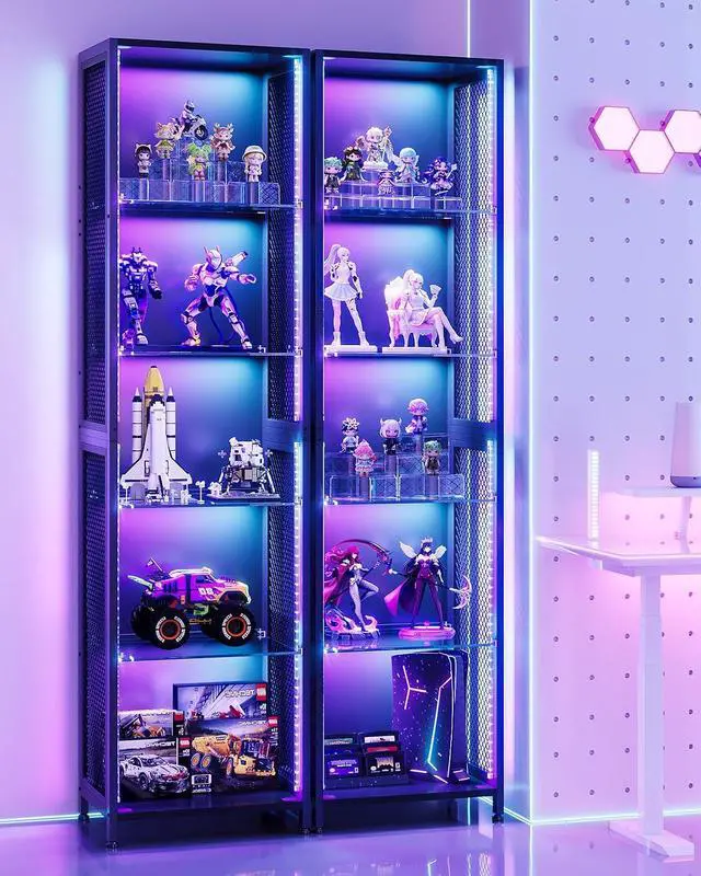 Alt view image 4 of 7 - AODK 72" Tall Display Case with LED Lights, Corner Display Cabinet with Open Glass Shelves, 5-Tier Display Shelf with Industrial Mesh Sides, Curio Cabinet Shelf for Collectibles