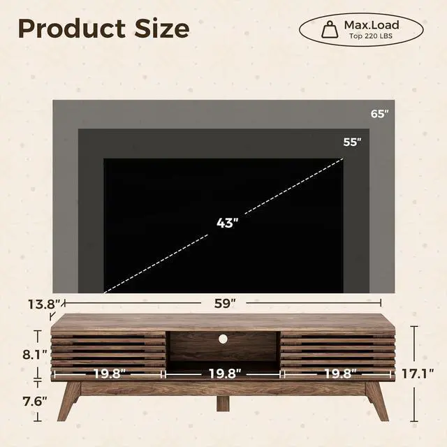Alt view image 3 of 7 - AODK 59" TV Stand for 55"/60"/65" TVs, Mid-Century Modern Fluted Entertainment Center with Sliding Doors, Storage Cabinets & Media Console Table, Living Room & Bedroom, Walnut