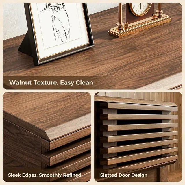 Alt view image 5 of 7 - AODK 59" TV Stand for 55"/60"/65" TVs, Mid-Century Modern Fluted Entertainment Center with Sliding Doors, Storage Cabinets & Media Console Table, Living Room & Bedroom, Walnut