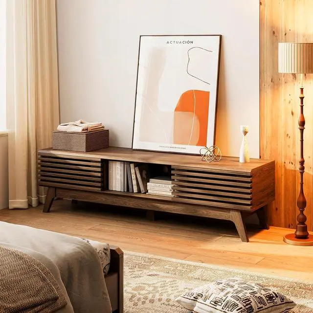 Alt view image 7 of 7 - AODK 59" TV Stand for 55"/60"/65" TVs, Mid-Century Modern Fluted Entertainment Center with Sliding Doors, Storage Cabinets & Media Console Table, Living Room & Bedroom, Walnut