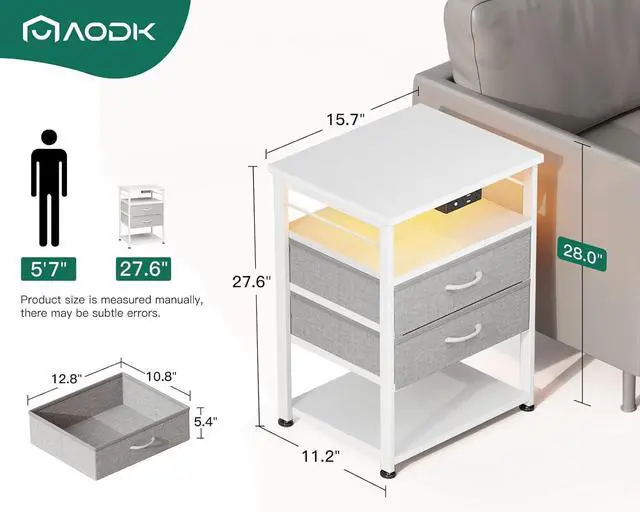 Alt view image 2 of 7 - AODK Night Stand with Charging Station and LED Lights, 27.6 Inch Bed Side Table with 2 Drawers and Open Shelf, Bedside Table for Bedroom, Living Room, White & Light Grey