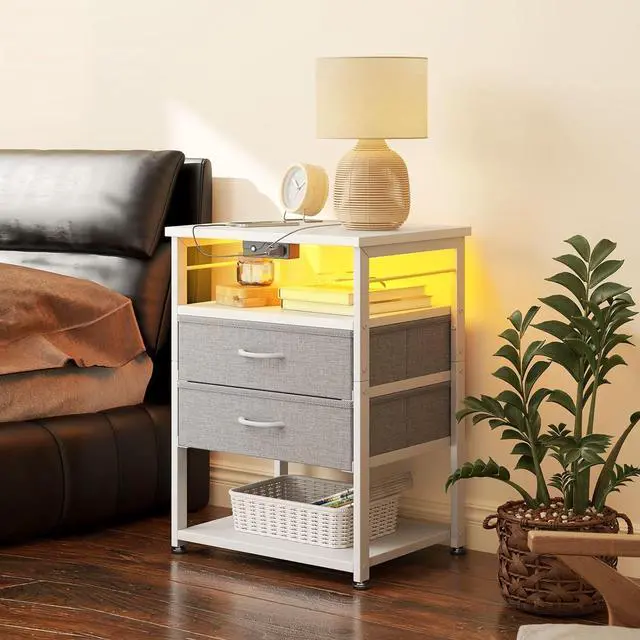 Alt view image 6 of 7 - AODK Night Stand with Charging Station and LED Lights, 27.6 Inch Bed Side Table with 2 Drawers and Open Shelf, Bedside Table for Bedroom, Living Room, White & Light Grey