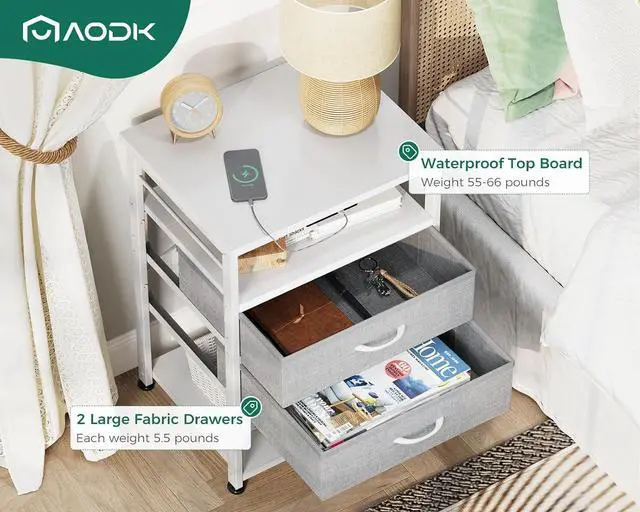 Alt view image 5 of 7 - AODK Night Stand with Charging Station and LED Lights, 27.6 Inch Bed Side Table with 2 Drawers and Open Shelf, Bedside Table for Bedroom, Living Room, White & Light Grey