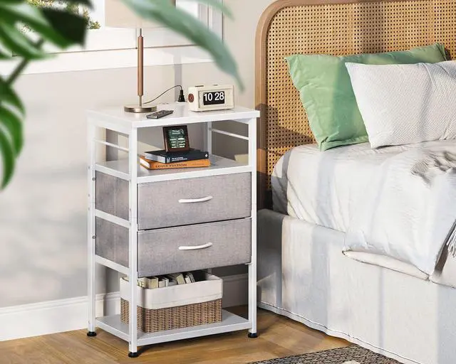 Alt view image 3 of 7 - AODK Night Stand with Charging Station and LED Lights, 27.6 Inch Bed Side Table with 2 Drawers and Open Shelf, Bedside Table for Bedroom, Living Room, White & Light Grey