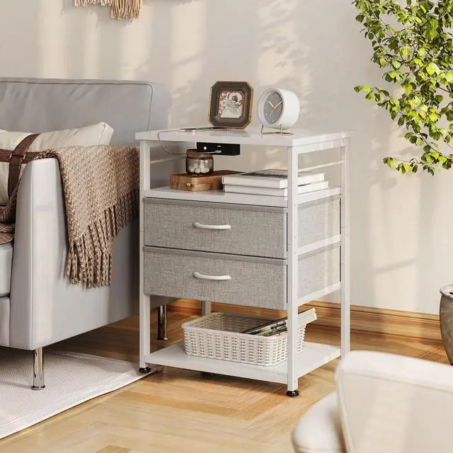 Alt view image 7 of 7 - AODK Night Stand with Charging Station and LED Lights, 27.6 Inch Bed Side Table with 2 Drawers and Open Shelf, Bedside Table for Bedroom, Living Room, White & Light Grey
