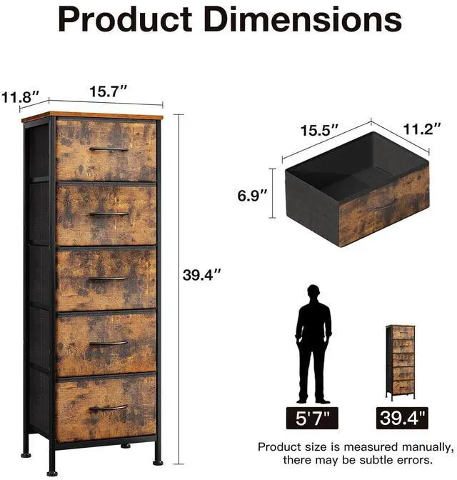 Alt view image 2 of 5 - AODK Nightstand for Bedroom, Bedside Table with 5 Fabric Drawers, Storage End Table for Living Room with Sturdy Steel Frame, Vintage