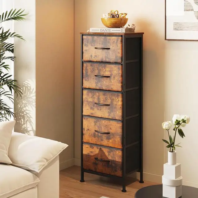 Alt view image 5 of 5 - AODK Nightstand for Bedroom, Bedside Table with 5 Fabric Drawers, Storage End Table for Living Room with Sturdy Steel Frame, Vintage