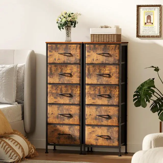 Alt view image 3 of 5 - AODK Nightstand for Bedroom, Bedside Table with 5 Fabric Drawers, Storage End Table for Living Room with Sturdy Steel Frame, Vintage