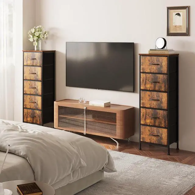 Alt view image 4 of 5 - AODK Nightstand for Bedroom, Bedside Table with 5 Fabric Drawers, Storage End Table for Living Room with Sturdy Steel Frame, Vintage
