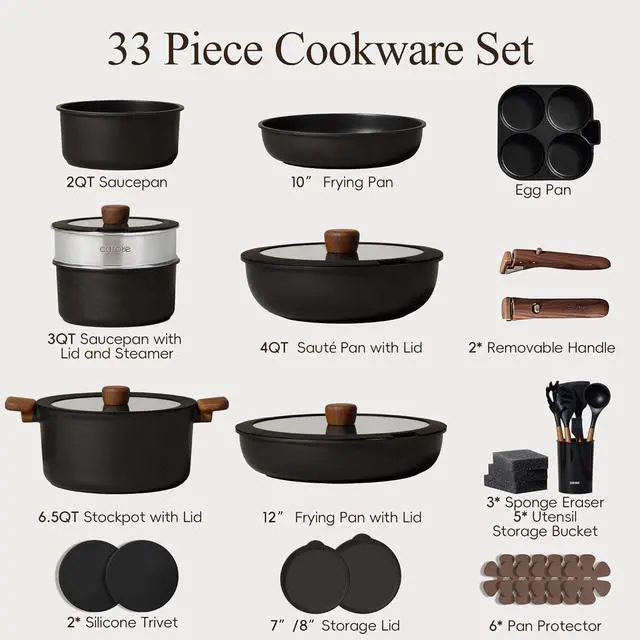 Alt view image 2 of 7 - 33pcs Pots and Pans Non Stick, Cookware Sets Detachable Handle, Induction Kitchen Pots and Pans,NonStick Cooking Set, Oven/Dishwasher/Fridge Safe, Space Saving, Mothers Day Gifts